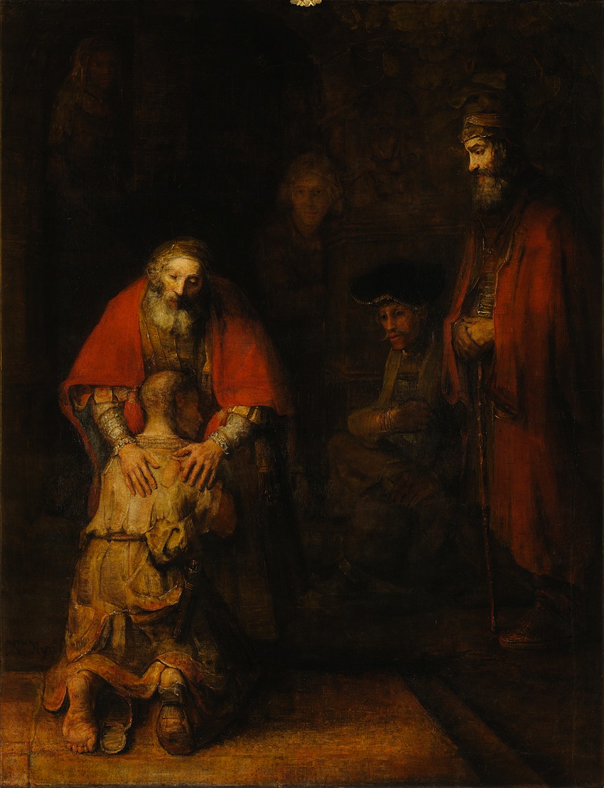 The prodigal returns to his father as his brother watches.